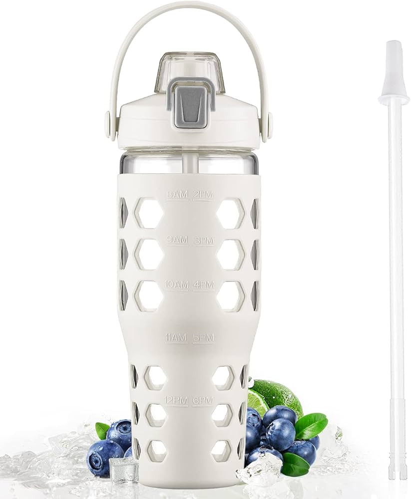 MUKOKO 32oz Glass Tumbler with Straw and Lid,Glass Water Bottles with Time Marker,Iced Coffee Cup... | Amazon (US)