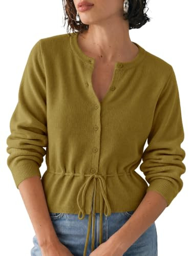 Saodimallsu Womens Cropped Cardigan Button Up Tie Crew Neck Fall Sweaters | Amazon (US)