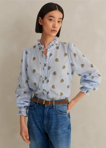 Silk Cotton Striped Rose Print Blouse | ME+EM US
