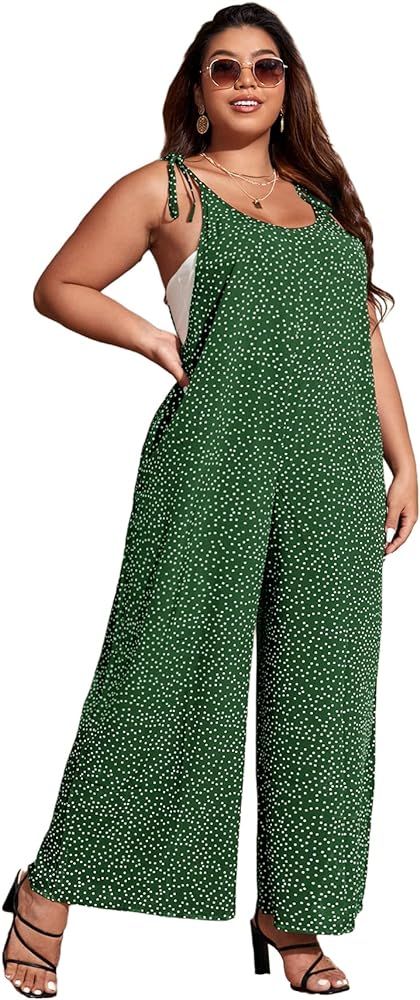MakeMeChic Women's Plus Size Polka Dots Tie Shoulder Summer Cami Jumpsuit with Pockets | Amazon (US)