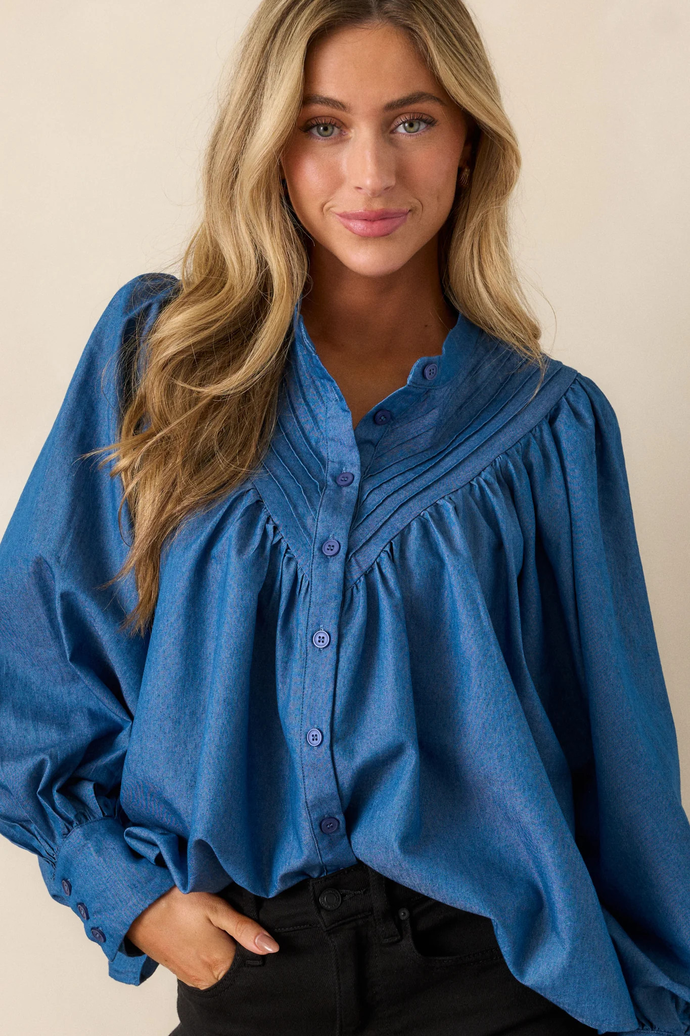 See What Happens Medium Wash Chambray Blouse | Red Dress