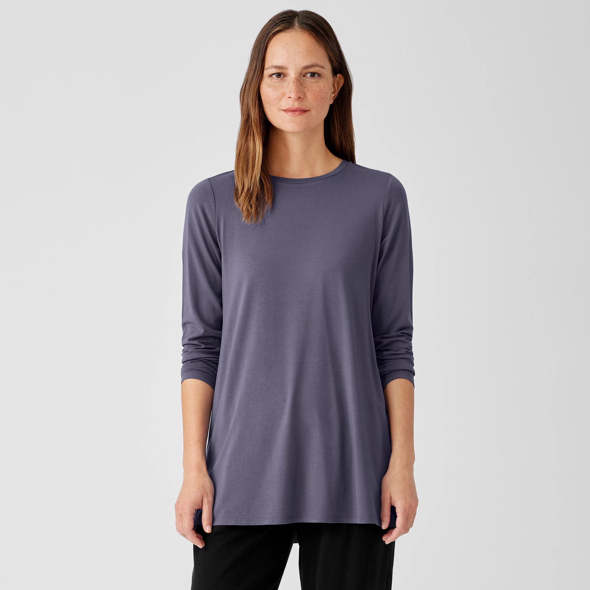 Stretch Jersey Knit Crew Neck Long Top | Eileen Fisher