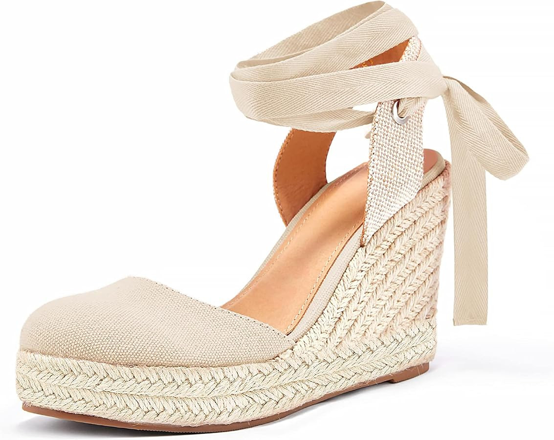 Women's Espadrille Wedge Sandals Closed Toe Lace Up Platform Ankle Wrap Summer Casual Shoes | Amazon (US)