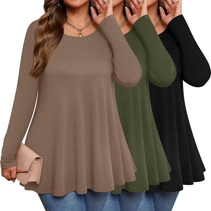 3 Pack Women's Plus Size Tunic Top Casual Long Sleeve Shirts Knitted Loose Fit Blouse Wear with L... | Amazon (US)
