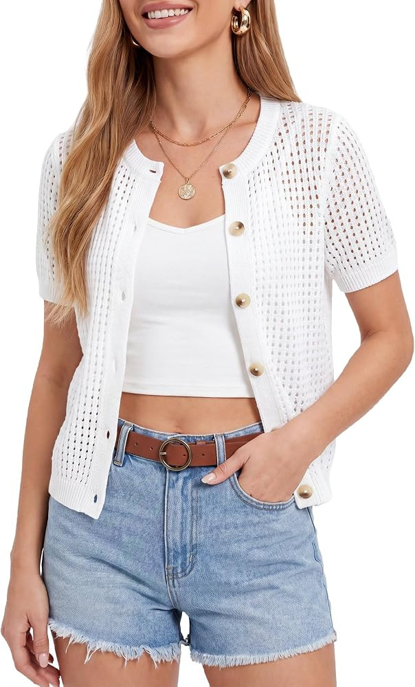 Women's Crochet Cardigan Spring Summer Short Sleeve Pointelle Button Up Crewneck Knit Beach Sweat... | Amazon (US)