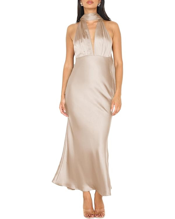 Summer Satin Halter Deep V Neck Backless Maxi Dresses for Women 2025 Silky Sleeveless Open Back W... | Amazon (US)