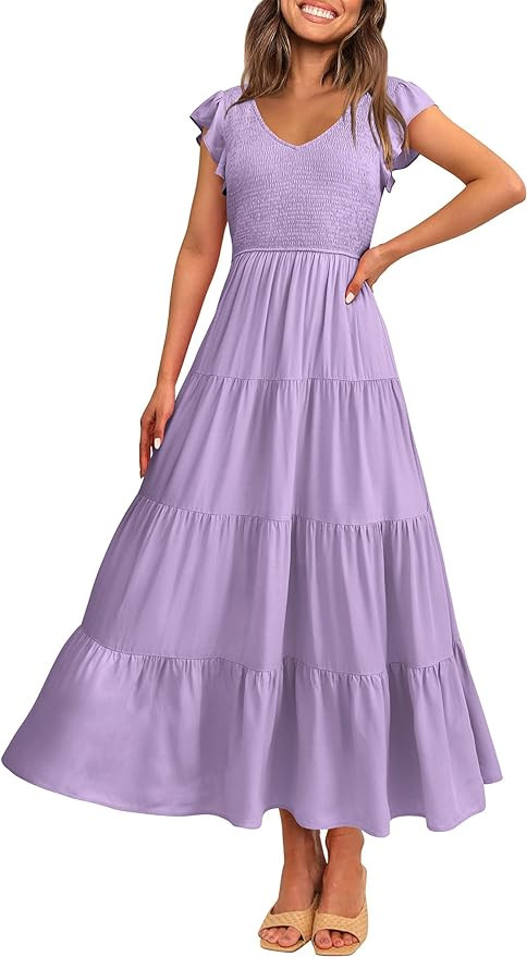 PRETTYGARDEN Women's Summer Flowy Maxi Dress Casual Cap Sleeve V Neck Smocked Beach Sundress | Amazon (US)