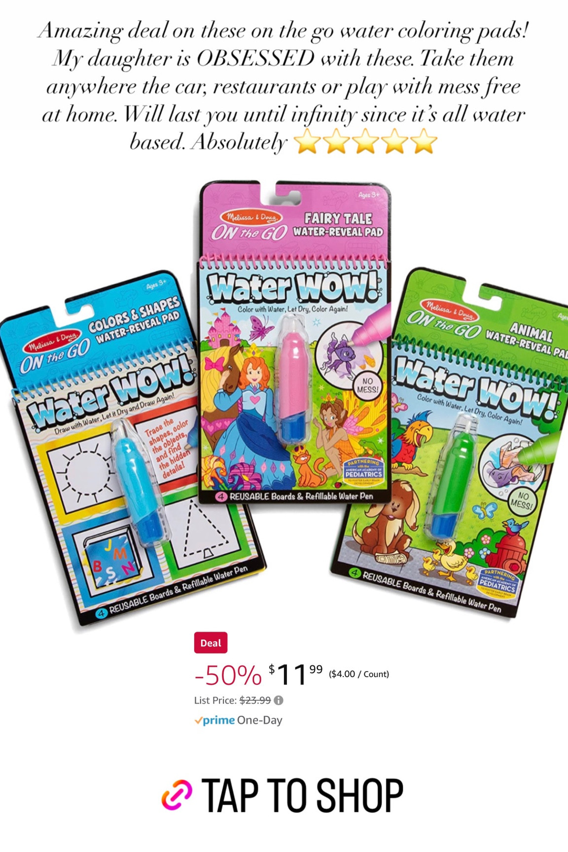Amazing deal on these on the go water coloring pads! My daughter is obsessed with these. Take these anywhere- the car, restaurants, or play with at home mess free. Will last you until infinity since they are all water based! Absolutely love ⭐️⭐️⭐️⭐️⭐️

#LTKkids #LTKxPrimeDay #LTKfamily
