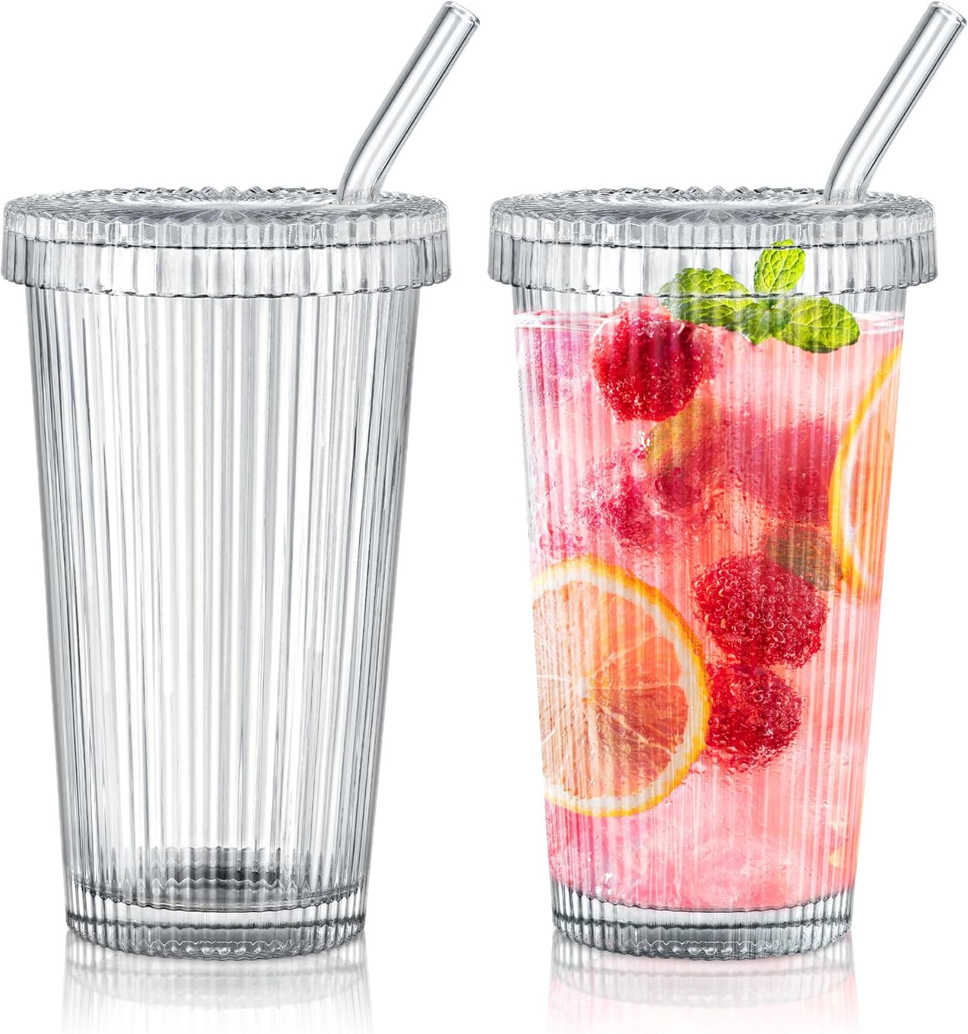 Joeyan Glass Tumbler with Lid and Straw,Clear Ribbed Iced Coffee Cup,Vintage Drinking Jar Glasses... | Amazon (US)