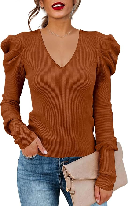 Women's Puff Short Sleeve Knit Pullover Sweaters Casual V Neck Ribbed Solid Soft Slim Fit Sweater... | Amazon (US)