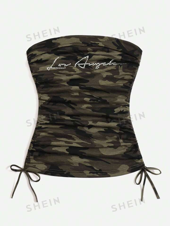 SHEIN EZwear Zomer Westers Cowboy girl Camouflage print Zijkant met trekkoord Tube tops | SHEIN
