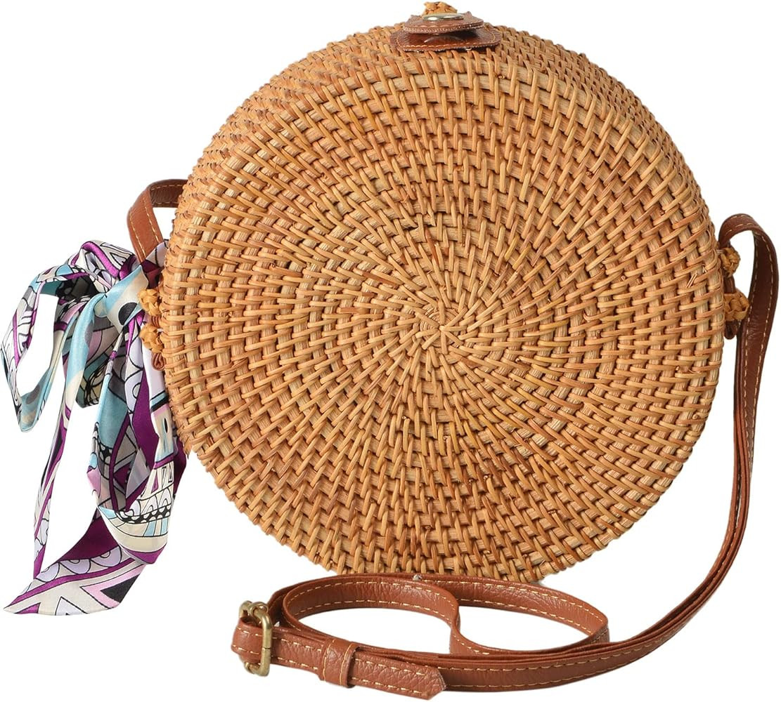WOWLADY Round Rattan Bags Woman Handwoven Straw Purse Bag Crossbody Shoulder Bag Leather Straps N... | Amazon (US)
