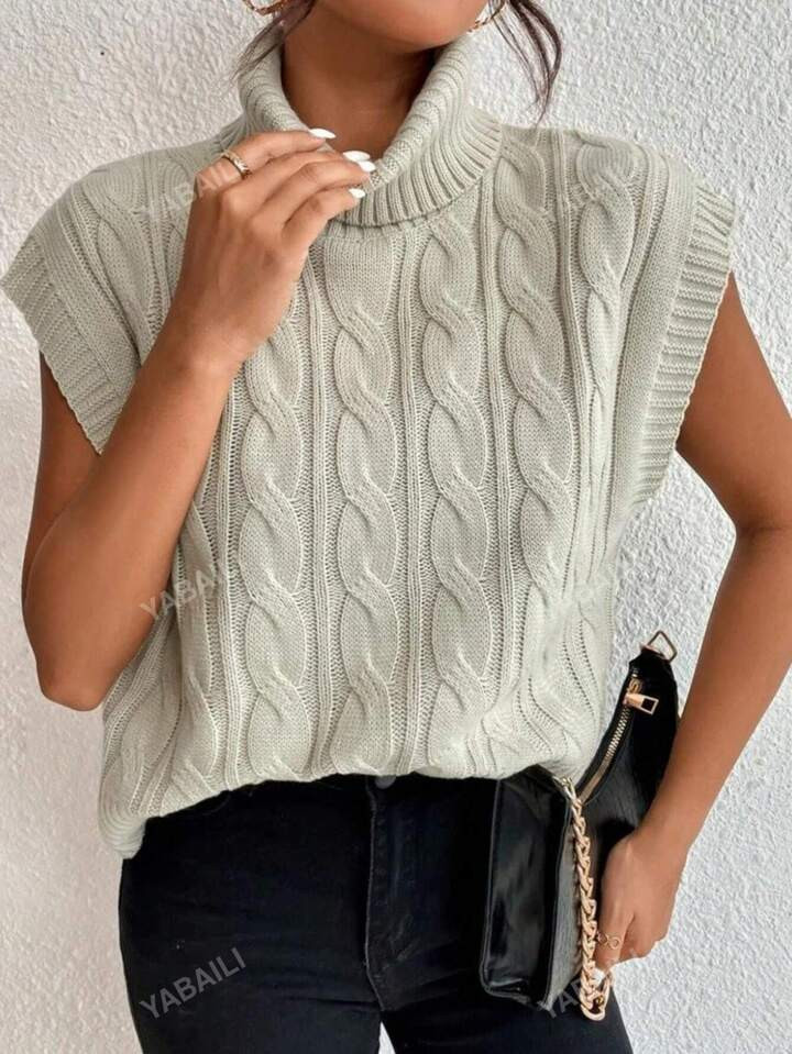 Sleeveless High-Neck Cable Knitted Sweater Vest | SHEIN