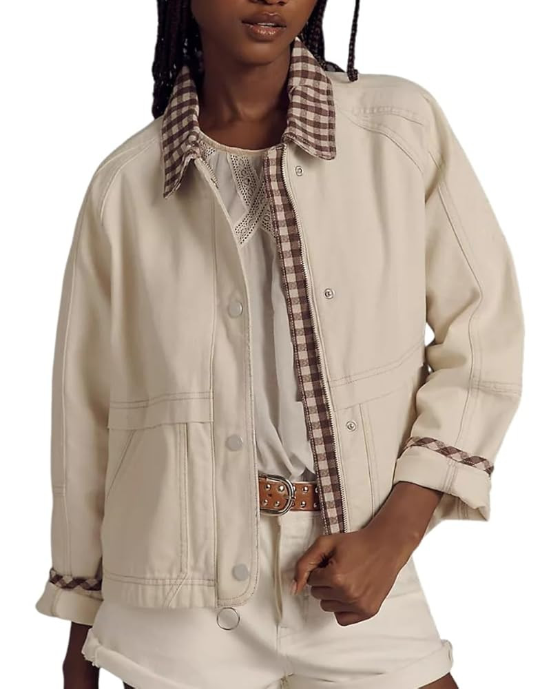 VAOYIU Women Snap Button Denim Jacket Cuffs Loose Plaid Collar Outfit Trendy Jean Coat with Pocke... | Amazon (US)