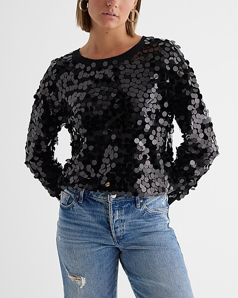 Sequin Embellished Crew Neck Sweater | Express