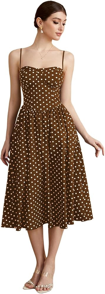 Women's Polka Dots Flared A Line Dress Spaghetti Strap Flowy Midi Vintage Party Dresses | Amazon (US)