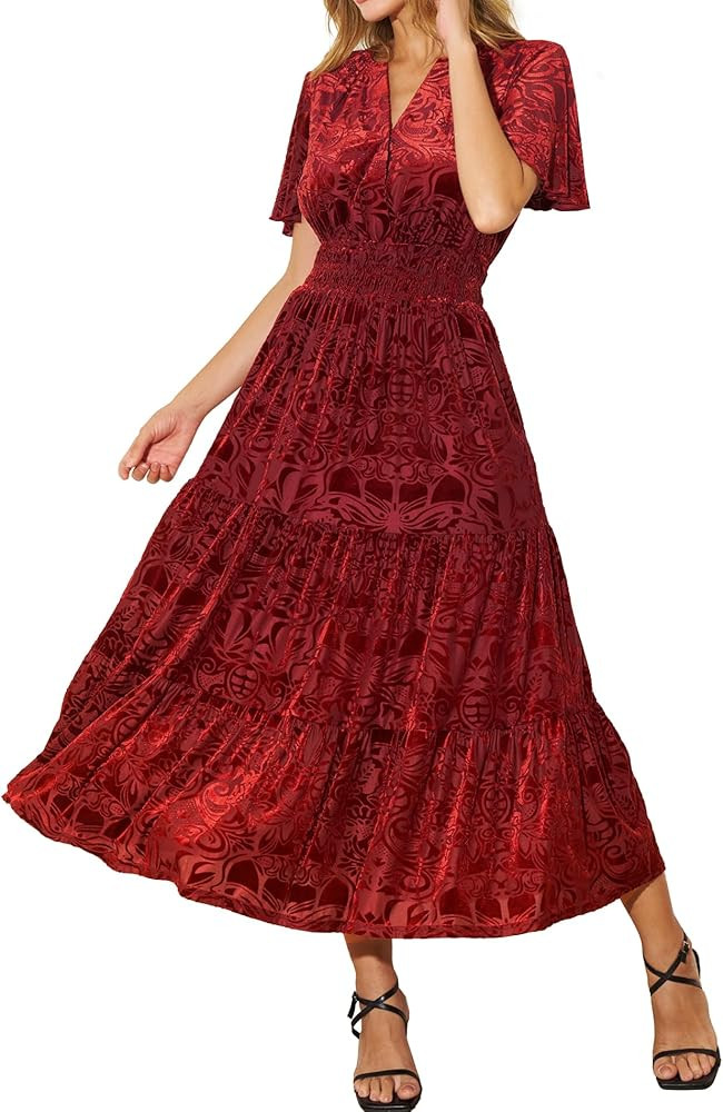Women's Velvet Maxi Dress Floral Embossed Wedding Guest Dress Smocked Waist Formal Evening Dresse... | Amazon (US)