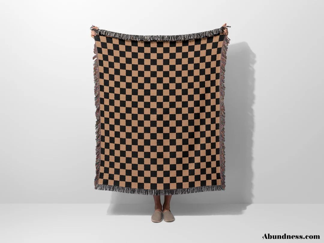 Retro Design Checkered Woven Throw Blanket, Tapestry, Black and Golden Brown Color Woven Blanket,... | Etsy (US)