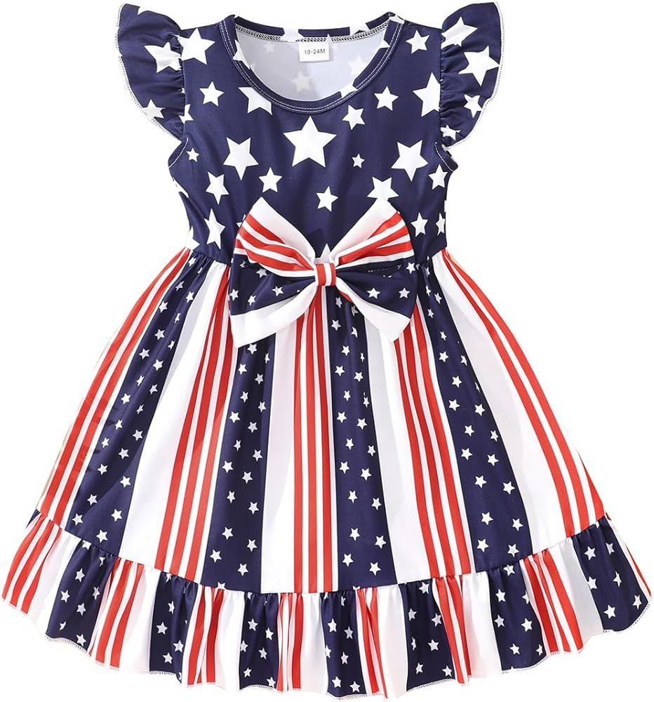 Girls 4th of July Dress Toddler Girl American Flag Dresses Flutter Sleeve Patriotic Clothes Indep... | Amazon (US)
