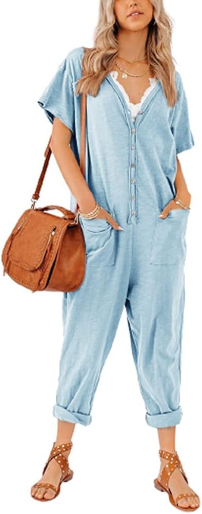 Aoysky Oversize Women's Onesies Button Up Jumpsuit Casual Loose Short Sleeve V Neck Onesies Rompe... | Amazon (US)
