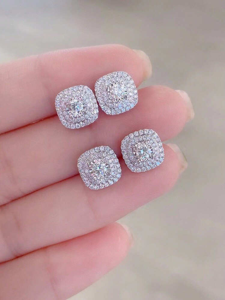 2pcs Cubic Zirconia Stud Earrings, Square Rhinestone Earrings, Hip Hop Jewelry, Ideal Gift For Anniversary/Birthday/Valentine's Day | SHEIN