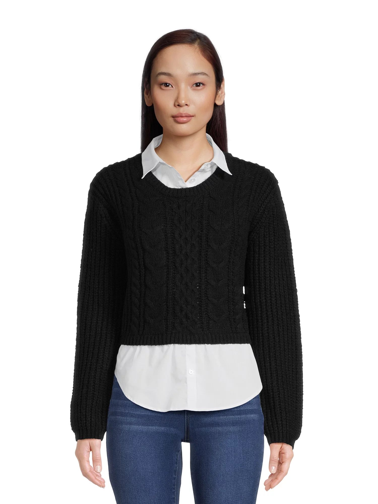 No Boundaries Juniors Cropped Cable Knit Sweater Twofer | Walmart (US)