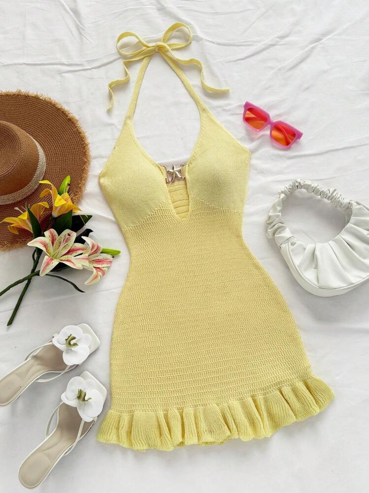 Soleia Women's Resort Moss Green Halter Backless Cutout Metal Starfish Knitted Mini Dress With Ruffles | SHEIN