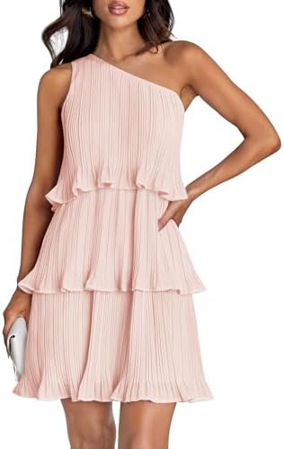 ZESICA Women's 2024 Summer Sleeveless Mini Dress Boho One Shoulder Ruffle Tiered Layered Chiffon ... | Amazon (CA)