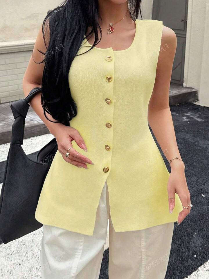 DEEKA New Summer Butter Yellow Women Casual Knit Vest Cardigan With Gold Button, European And American Style | SHEIN