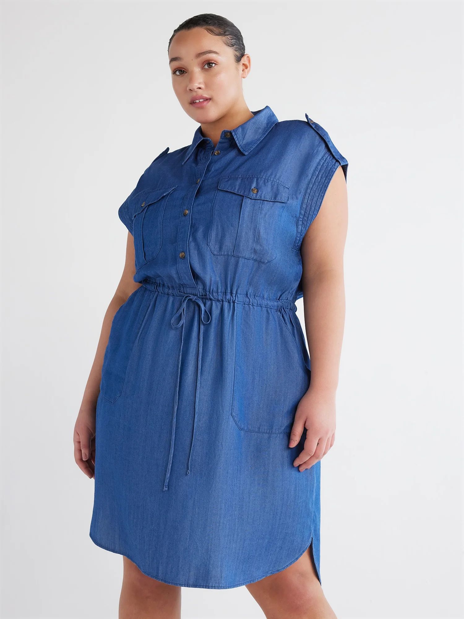 Time and Tru Women's Plus Utility Shirt Dress with Short Sleeves, Sizes 1X-4X | Walmart (US)