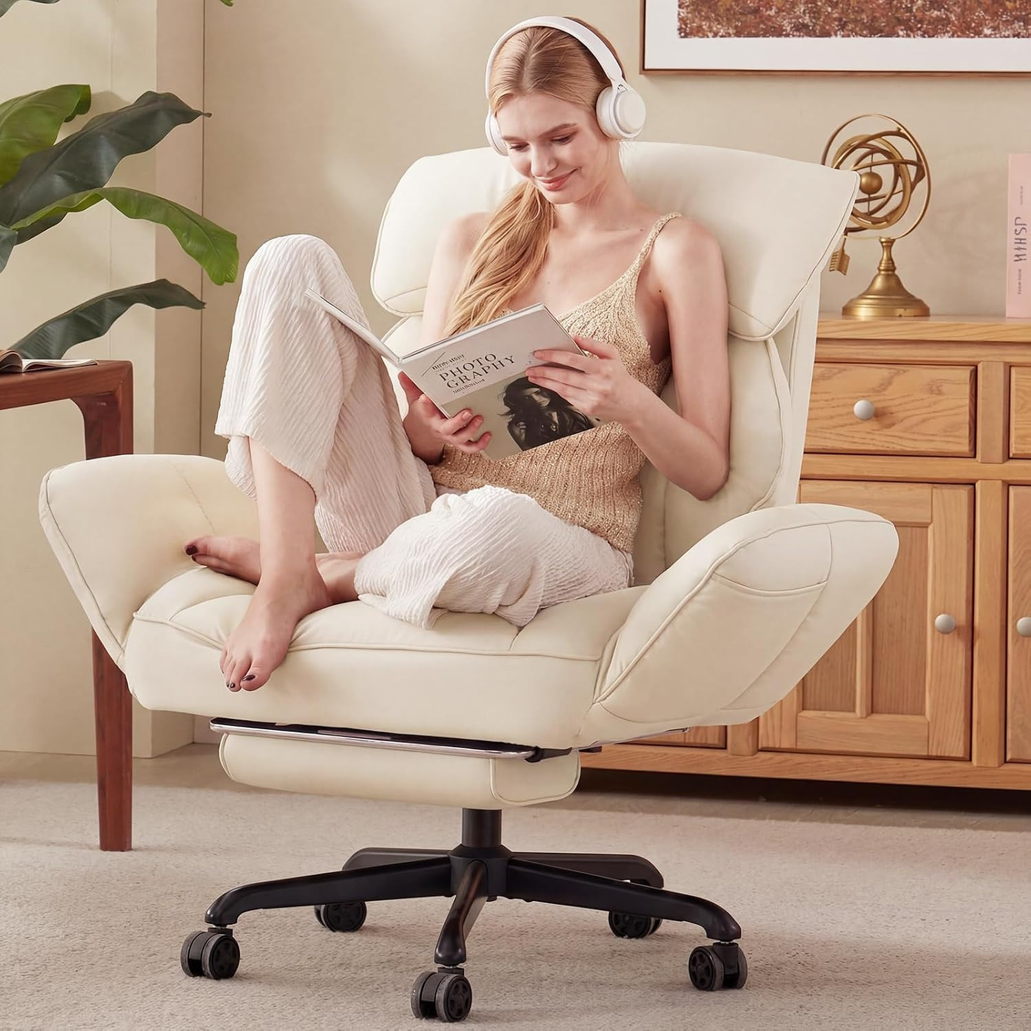 Dowinx Cross Legged Office Chair with Pivoting Armrests,Criss Cross Chair with Pocket Spring Seat & Back,Reclining Computer Gaming Chair with Footrest and Metal Base (Cream) | Amazon (US)