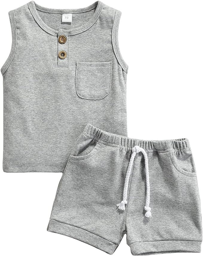 2Pcs Baby Boy Summer Clothes Infant Toddler Beach Outfits Sleeveless Tank Tops Shorts Set | Amazon (US)