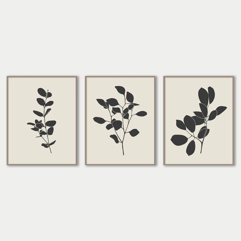 Abstract Leaves Plant Art Decor, Botanical Art Set of 3 Prints, Black and Beige Neutral Art Print... | Etsy (US)