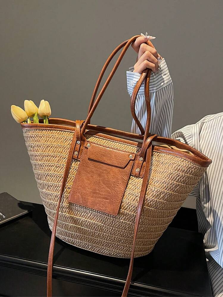 Fashion Large Capacity Woven Tote Bag, New Beach Vacation Shoulder Underarm Straw Large Bag, Eye-Catching Beach Bag Summer, Summer Straw Beach Bag For Women | SHEIN