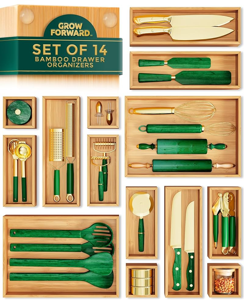 Grow Forward Bamboo Drawer Organizer Boxes - Set of 14 Wooden Drawer Organizers for Kitchen, Bath... | Amazon (US)