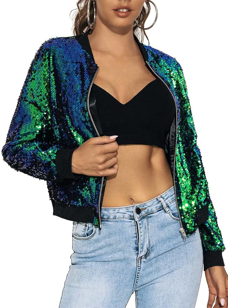 Edary Women's Sequin Long Sleeves Jacket Coat St.Patrick's Day Sparkly Zip Up Bomber Jackets Gree... | Amazon (US)