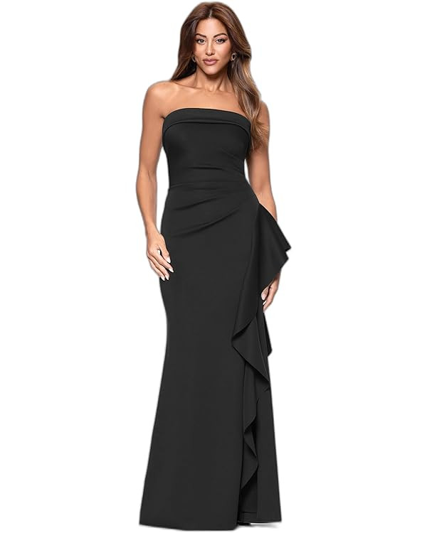 Betsy & Adam Women's Long Scuba Tech Strapless Ruffle Dress | Amazon (US)
