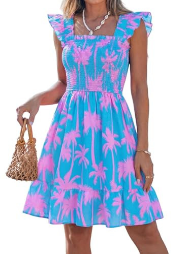popvil Women Short Dress 2026 Summer Cute A-Line Mini Dress Flowy Square Neck Sleeveless Ruffle Sun Beach Dress Cocktail Party(Teal, Small) | Amazon (US)