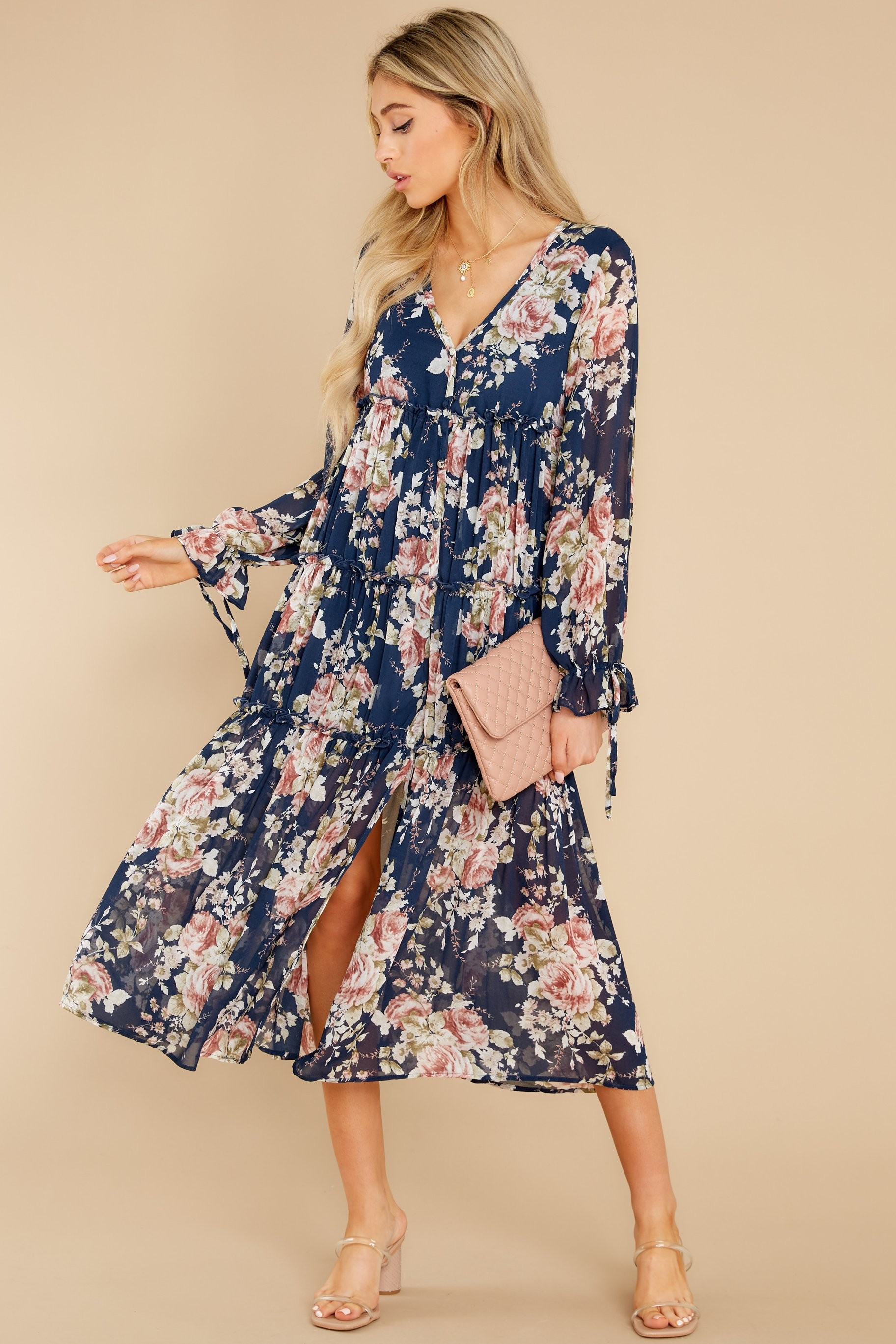Midnight Rendezvous Navy And Blush Floral Print Maxi Dress | Red Dress 