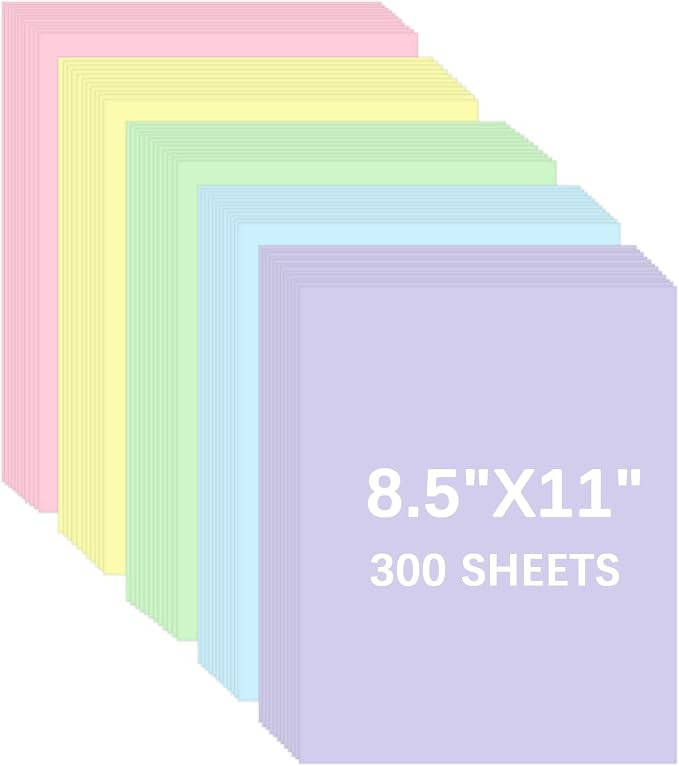 300 Sheets Colored Cardstock 8.5 x 11, 5 Assorted Pastel Colors Construction Printer Paper for Sc... | Amazon (US)