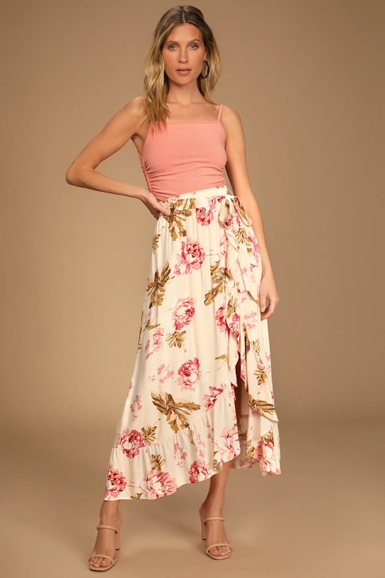 Love to be Lovely Peach Floral Print Ruffled Maxi Skirt | Lulus (US)