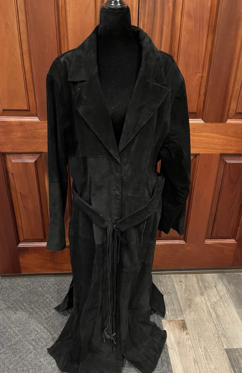 VINTAGE ASHLEY STEWART Suede LEATHER Long Duster Western Trench Black Coat SZ 4X | eBay US