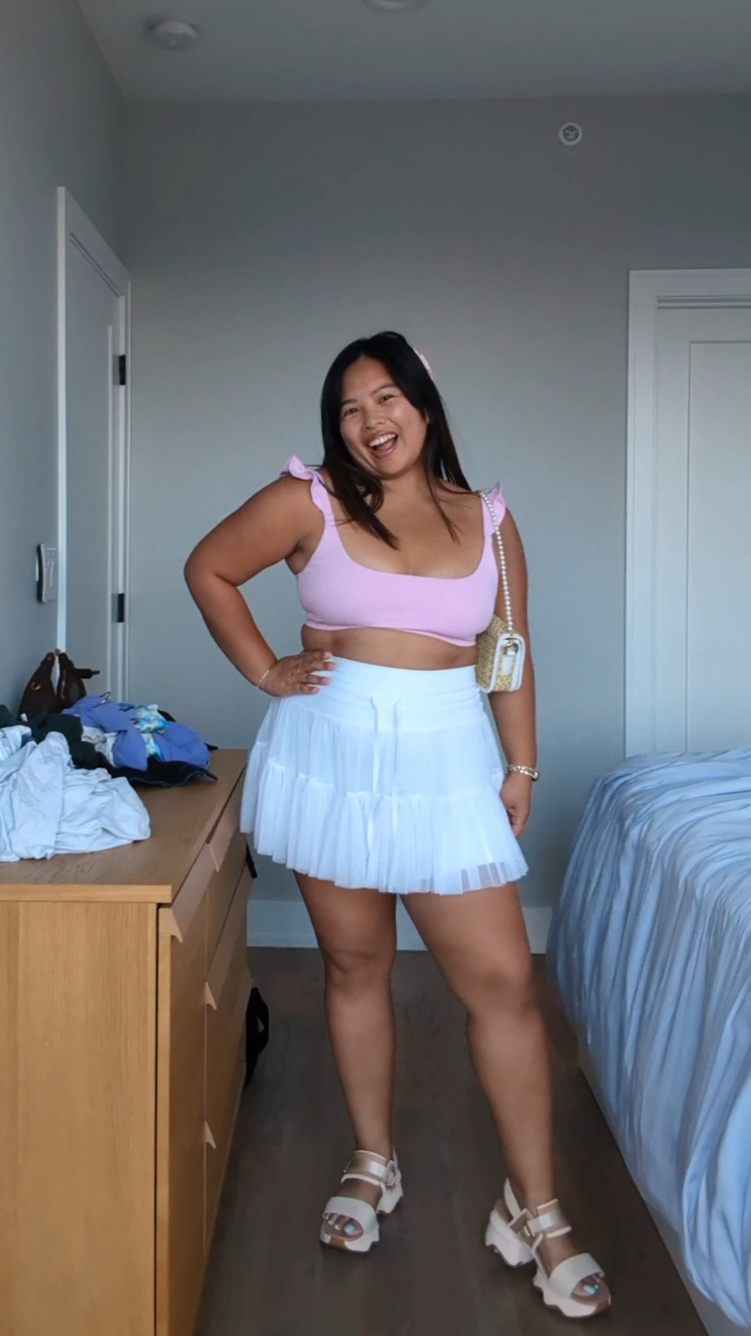 Cute pink outfit for a midsize body. Comfy with Popflex Pirouette skort (size XL) paired with Popflex ruffle bra (size XL). Skort has built in shorts and pockets! Feminine fit paired with chunky Sorel sandals

#LTKPetite #LTKMidsize