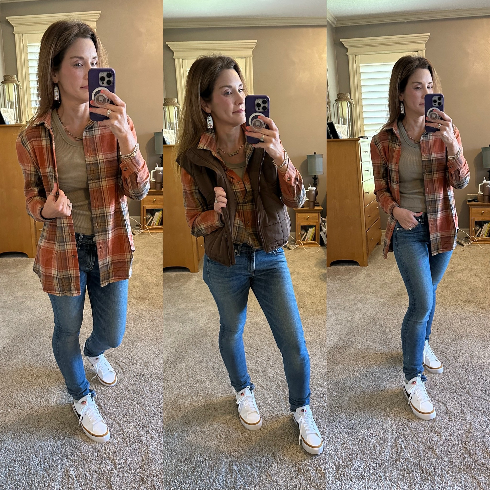 🍁🍂love fall flannels and layers! 


Small- Flannel 
Small- Vest 
Sz 27 Jeans 
Crazy Busy Mama 

Looking for jewelry use code: LORI10 and head to 
https://www.crazybusymama.com/CBMearrings
