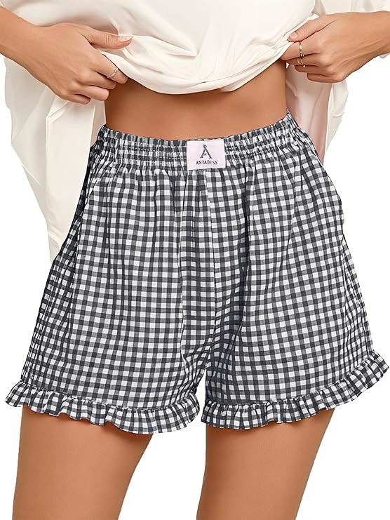 ANRABESS Boxer Shorts for Women,Gingham Plaid Elastic Waist Ruffle,Perfect for Lounge,Pajama&Slee... | Amazon (US)
