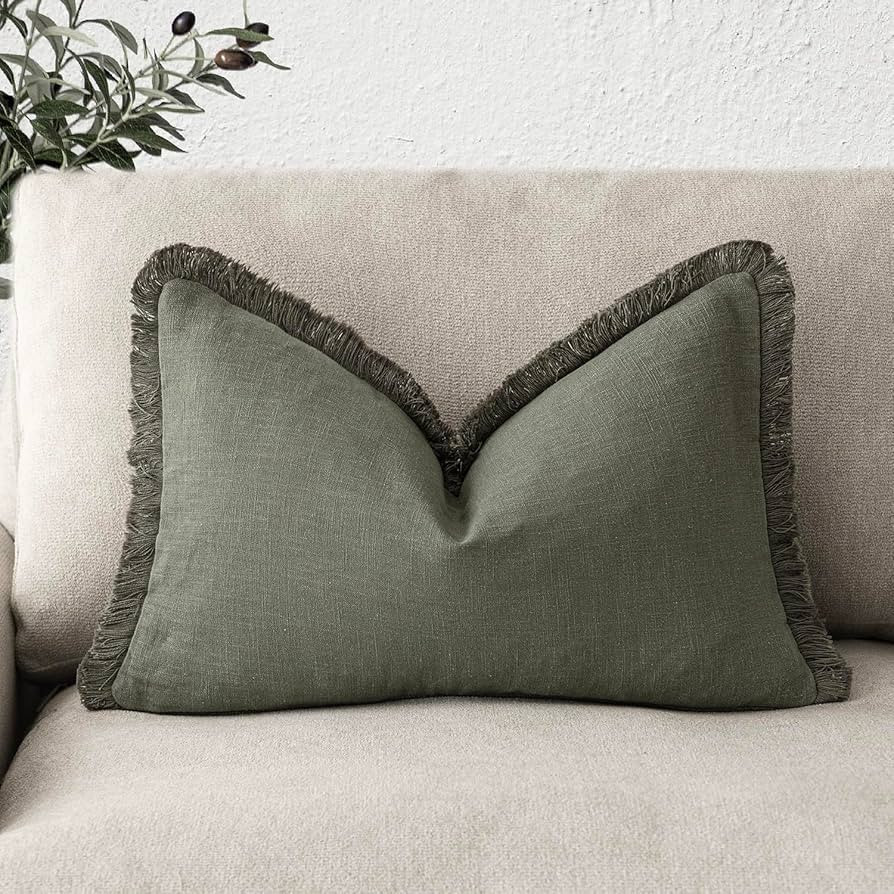 Foindtower Decorative Linen Fringe Lumbar Throw Pillow Covers Cozy Boho Farmhouse Cushion Cover w... | Amazon (US)