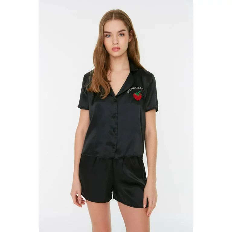 Trendyol Women  Motto Button Detailed Thin Woven Shirt-Short Pajama Set | Walmart (US)