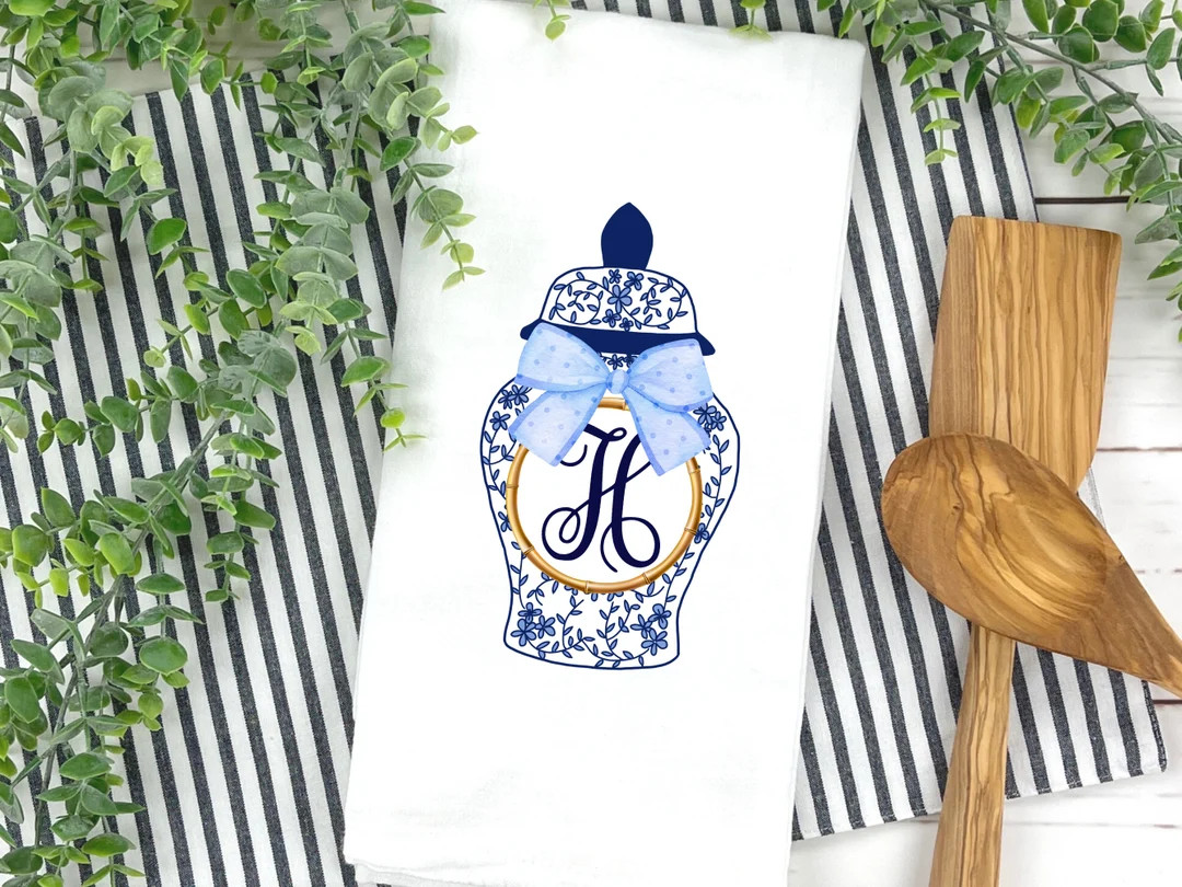 Preppy Monogram Chinoiserie Ginger Jar Tea Towel | Personalized Blue Bow Kitchen Towel | Custom H... | Etsy (US)