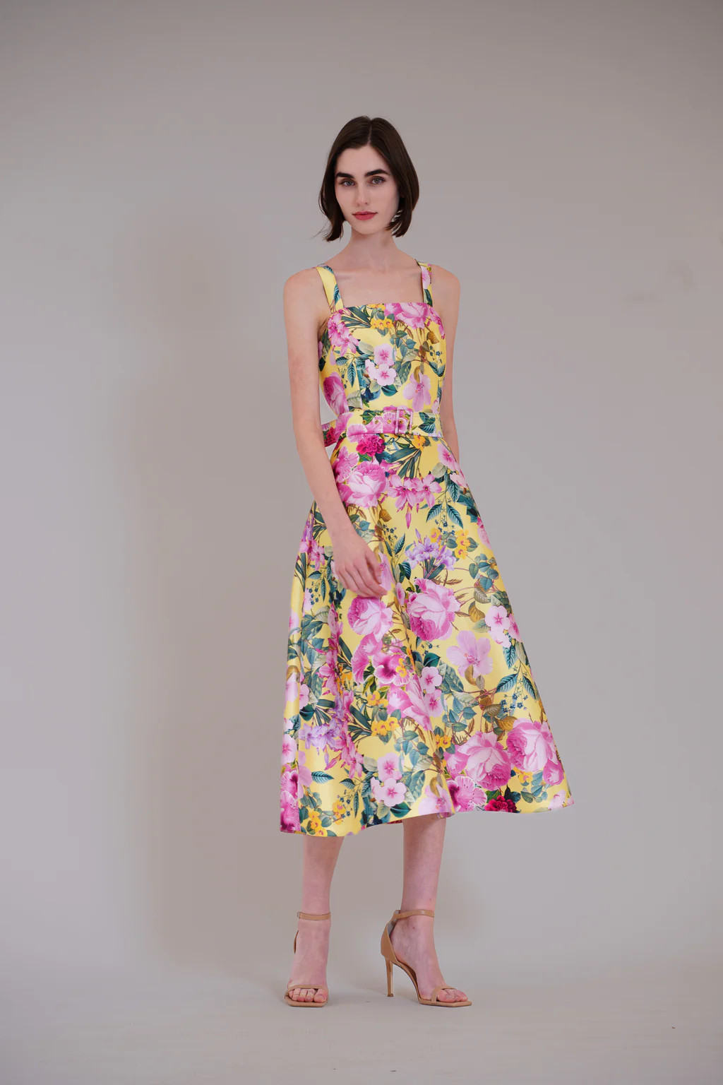 sleeveless printed midi dress with belt | Julia Jordan