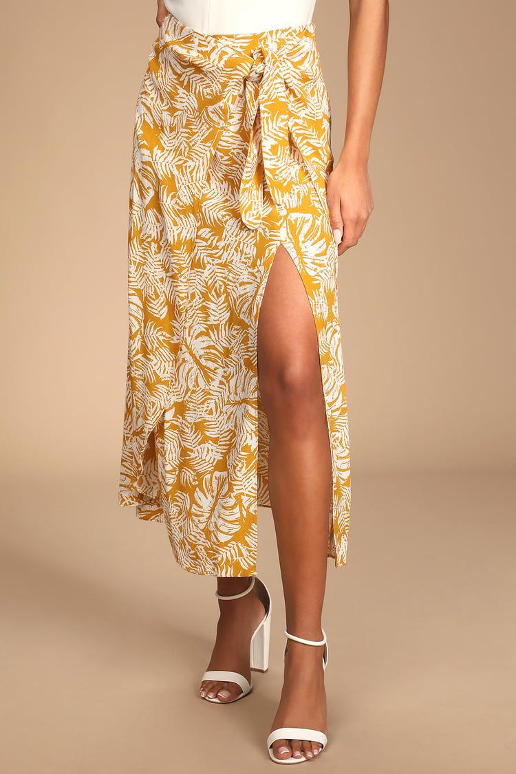 Ocean Breezes Mustard Yellow Tropical Print Midi Skirt Outfit Floral Skirt Outfit Floral Midi Skirt  | Lulus